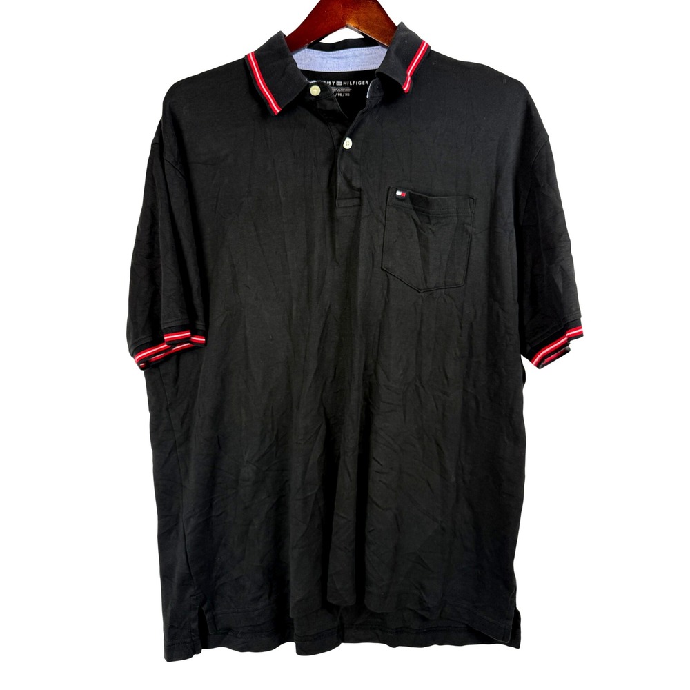 Tommy Hilfiger Men's Black Classic Fit Polo Shirt XL Red Trim Pocket Tee - Picture 2 of 8
